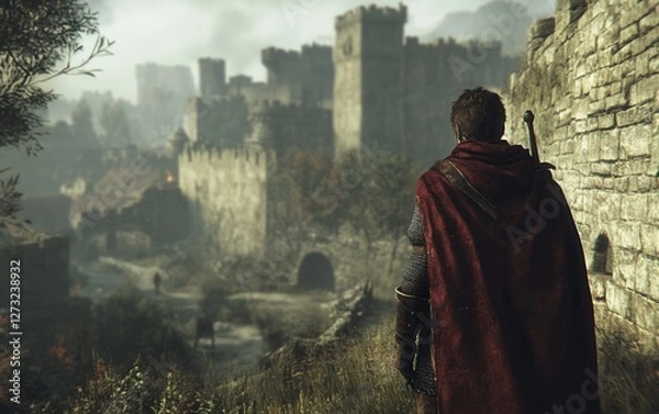 Fototapeta A game character in armor standing in front of the castle in a medieval RPG video game environment.