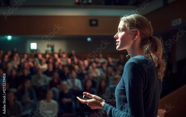 Fototapeta A confident young woman gives a presentation on stage in front of a large audience in a lecture hall.