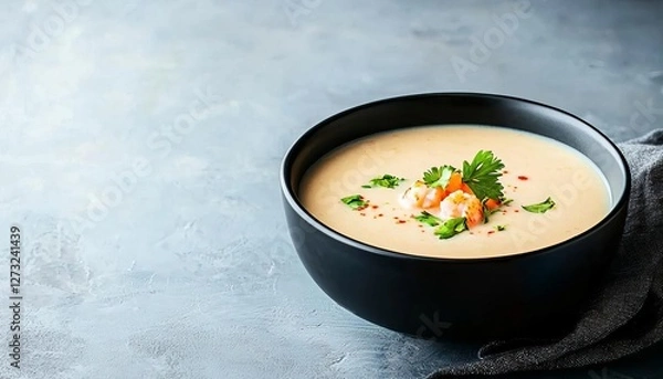 Fototapeta Delicious creamy soup served in a black bowl with fresh herbs and spices.