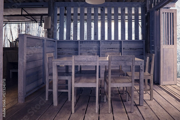 Fototapeta Infrared photography, the interior of a simple wooden structure. Inside, there are several wooden chairs arranged around a table
