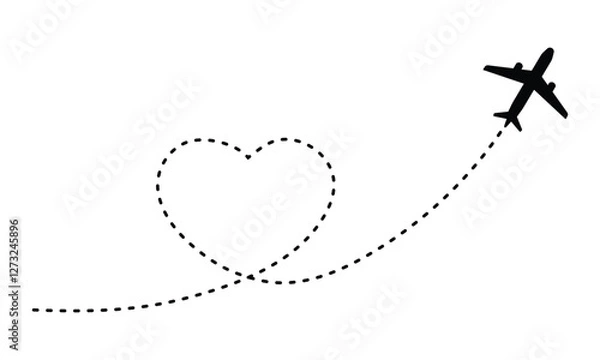 Fototapeta airplane flying with heart shaped trail. plane symbol with dotted line route. design for travel, honeymoon, holiday. transparent vector