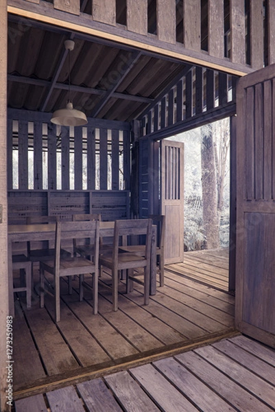 Fototapeta Infrared photography, the interior of a simple wooden structure. Inside, there are several wooden chairs arranged around a table