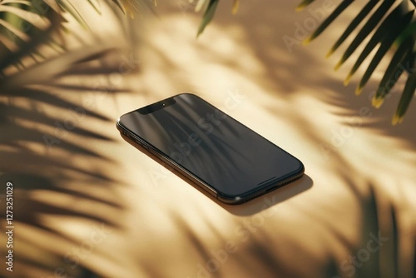 Fototapeta Black smartphone lying on sandy surface with palm leaf shadows. Tropical technology concept