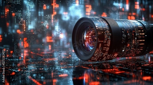 Obraz Futuristic camera lens with digital code background.