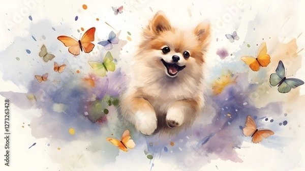 Obraz Joyful Pomeranian Puppy Surrounded by Watercolor Butterflies Spring Pet Art