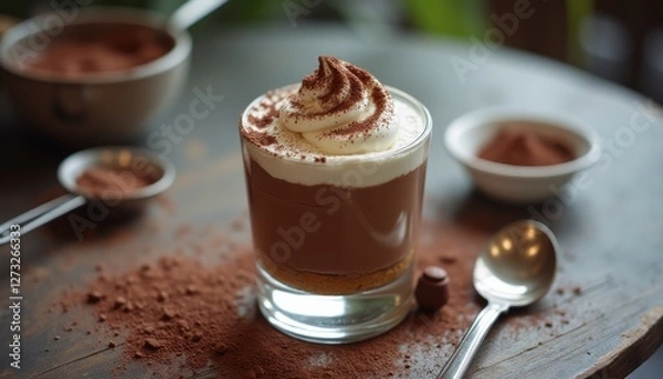 Fototapeta Luxurious layered chocolate mousse served in a glass with whipped cream and cocoa dusting