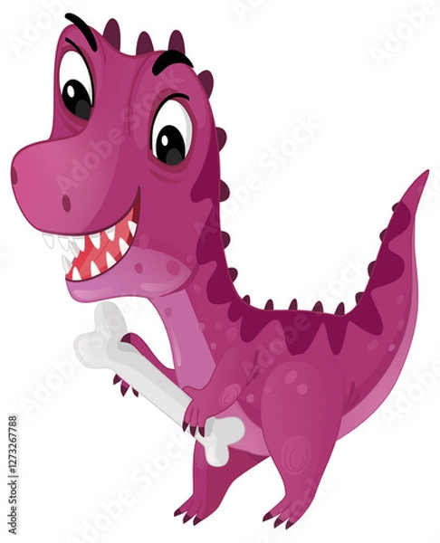 Fototapeta cartoon scene with happy prehistoric animal tyrannosaurus trex velociraptor dino dinosaur smiling walking and biting eating bone isolated on white background illustration for children