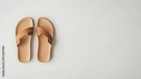 Fototapeta Minimalist Pair of Brown Sandals Isolated on a Clean White Background Flat Lay