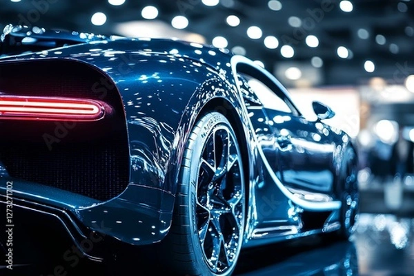 Obraz A striking luxury sports car is displayed at an auto exhibition, reflecting sparkling lights from the surrounding environment. The vehicle's polished finish and intricate details attract onlookers.