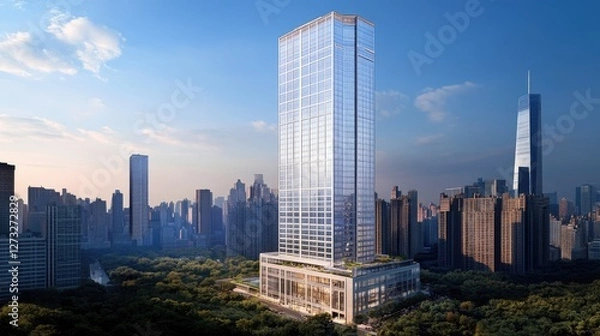 Fototapeta A modern skyscraper with an aluminum panel exterior, reflecting sunlight while preventing heat absorption