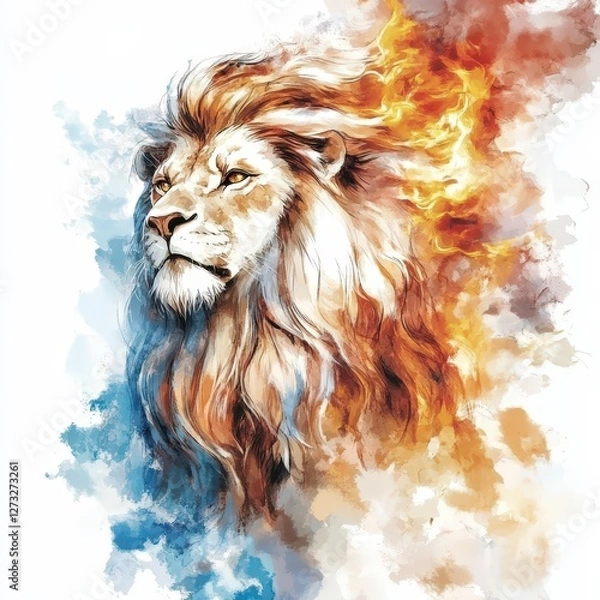 Obraz Majestic Lion Illustration: Vibrant and Dynamic Abstract Art with Fire and Water Elements