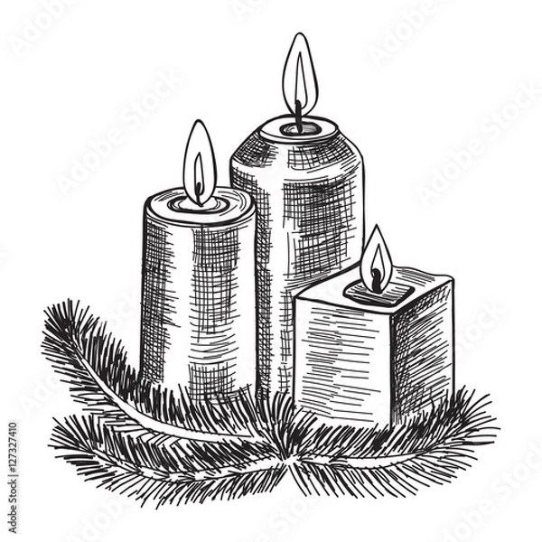 Obraz Hand drawn sketch Burning candle christmas candlestick of fir branches. Vector illustration.