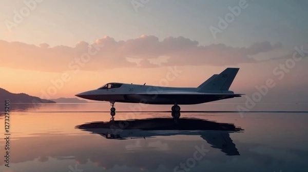 Obraz A sleek, futuristic aircraft rests on a calm, reflective surface at dawn, its silhouette mirrored perfectly in the tranquil water, under a breathtaking sky showcasing a soft, pastel sunrise.