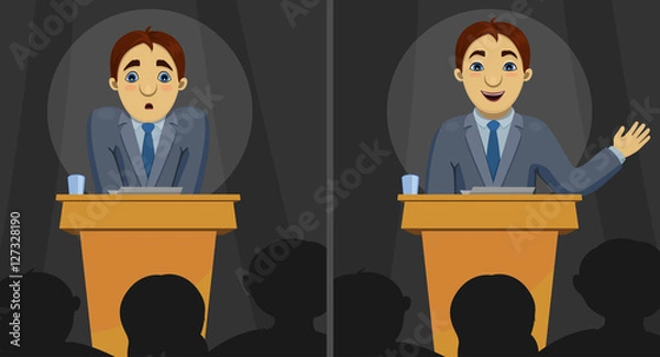 Obraz Vector illustration of funny cartoon character: confused scared speaker and confident orator speaking the speech. Transformation of person on conference.