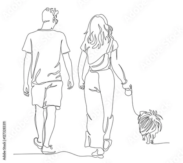 Fototapeta Couple with dog walking away. Man in glasses. Back view. Continuous line drawing. Black and white vector illustration in line art style.