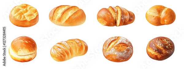 Obraz Freshly baked bread assortment including rolls, loaves, and croissants, showcasing variety of textures and colors. Perfect for any meal or occasion