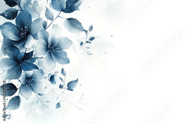 Fototapeta White backdrop featuring elegant blue floral designs and intricate leaf patterns