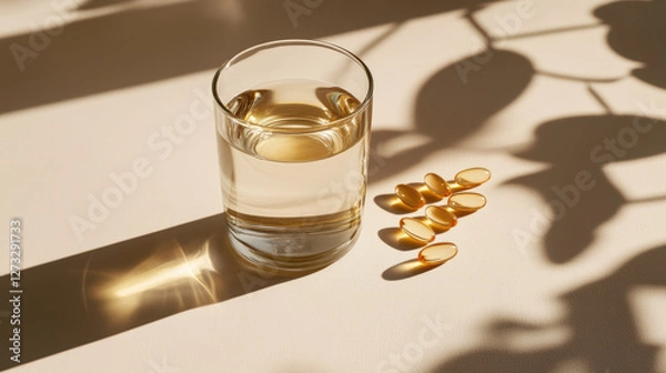 Obraz Glass of water and omega-3 fish oil capsules on white surface with dramatic window shadows creating geometric patterns, minimalist wellness composition. Generative AI