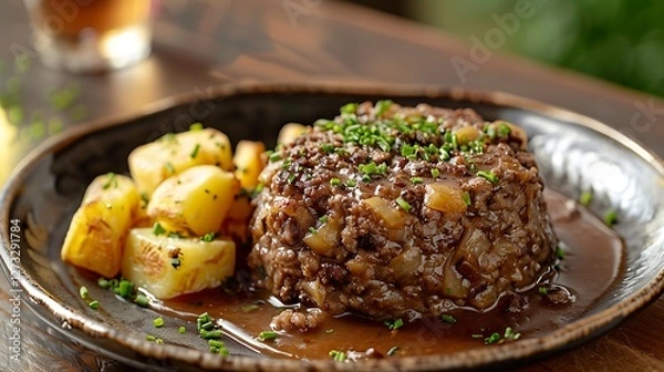 Fototapeta Traditional Scottish haggis served with neeps and tatties, no shadows The dish takes center stage, with no text, logo, signature, human body, people, or plants, 