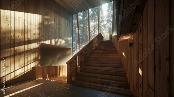 Obraz Wooden Staircase Bathed in Sunlight, Forest View