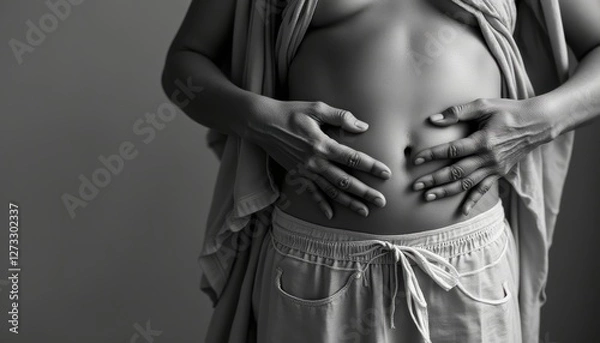 Fototapeta Documenting the intimacy of self-care and body awareness through touch in black and white photography