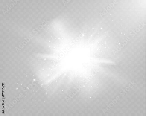 Fototapeta Bright white light explosion with lens flare, rainbow reflections, and sparkles on transparent background.	