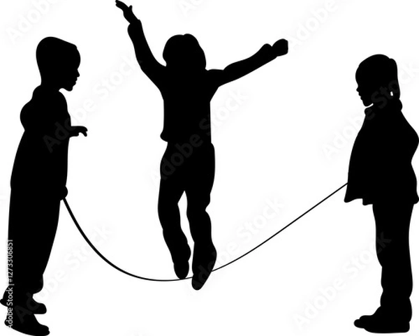 Obraz silhouette children jumping rope on white background, vector
