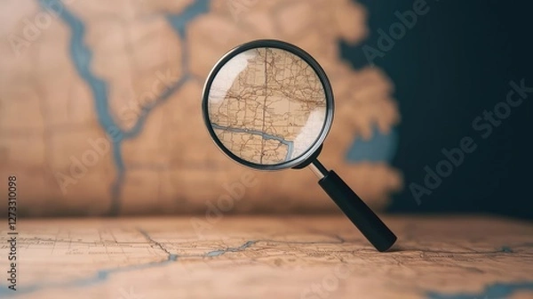 Fototapeta Magnifying glass on a detailed vintage map, exploring geographical features and locations, representing travel and adventure.