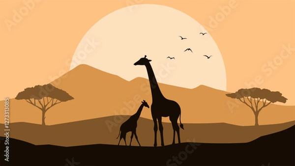 Fototapeta Wildlife landscape of a giraffe in a savannah scenery. Panoramic view of giraffe eating leaves from african tree. Vector illustration of scenic savanna with giraffe and flock of birds in the grassland