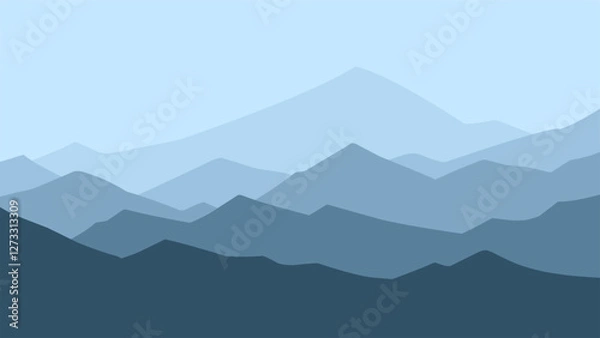 Fototapeta Landscape of mountain range scenery. Panoramic view of mountain peaks and ridges. Vector illustration of scenic landscape with majestic mountain range and ridges under dark blue sky