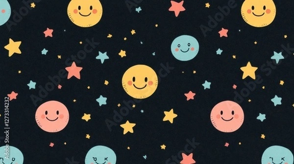 Fototapeta Colorful Pattern of Smiley Faces and Stars on Dark Background