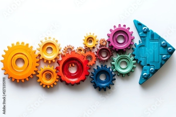 Fototapeta Arrow made of colorful interlocking gears symbolizing teamwork and progress