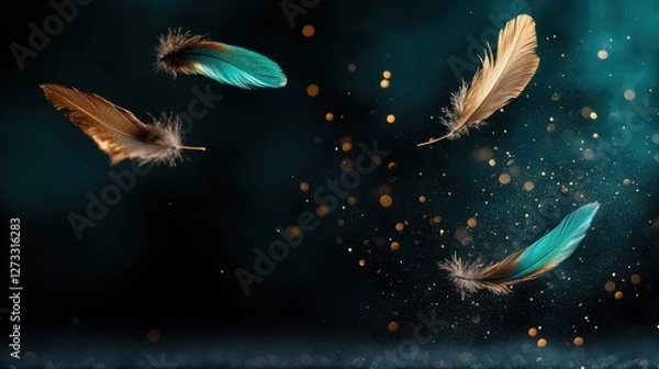 Fototapeta This captivating image displays vibrant feathers in mid-air, surrounded by soft sparkles, evoking a sense of freedom and lightness in a beautifully blurred background.