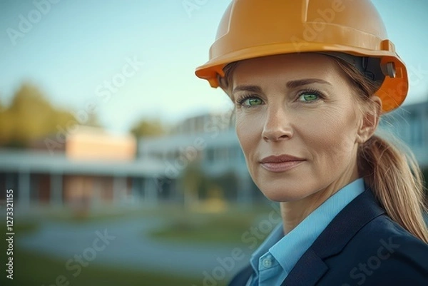 Fototapeta Confident Female Architect or Engineer in Hard Hat at Construction Site