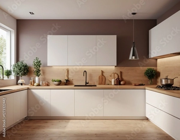 Obraz Modern Kitchen interior with empty blank wall for mockup template display. 3D Rendering