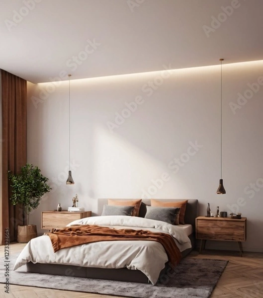 Obraz Modern bedroom interior with empty blank wall for mockup template display. 3D Rendering