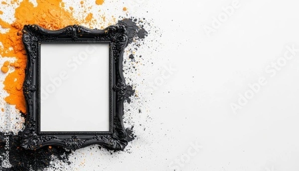 Fototapeta An ornate black frame surrounded by vibrant splashes of color on a blank canvas.