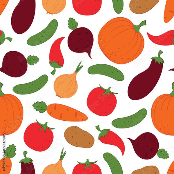 Fototapeta Vegetables are a pattern. Seamless pattern with the image of vegetables such as pumpkin, beetroot, cucumber,potatoes and also pepper, eggplant and carrots. Vegetables in a linear style. Vector