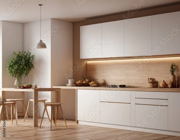 Fototapeta Modern Kitchen interior with empty blank wall for mockup template display. 3D Rendering
