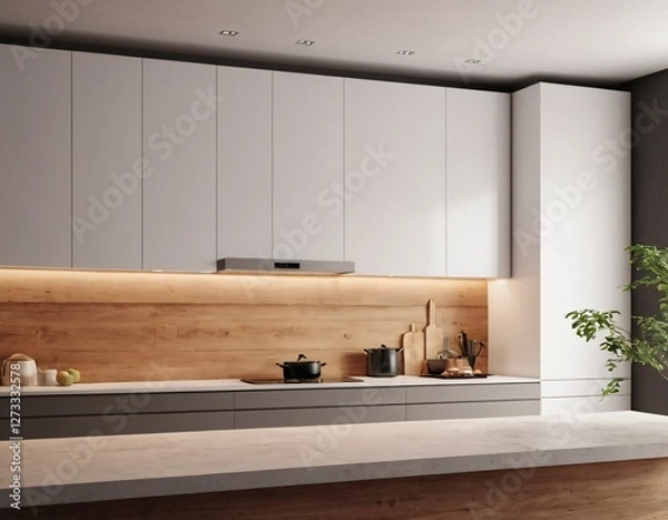 Fototapeta Modern Kitchen interior with empty blank wall for mockup template display. 3D Rendering