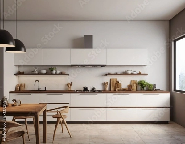Fototapeta Modern Kitchen interior with empty blank wall for mockup template display. 3D Rendering
