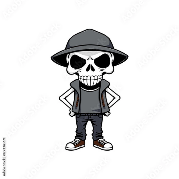 Fototapeta a skull wearing a hat, vest, and sneakers, with a menacing expression.