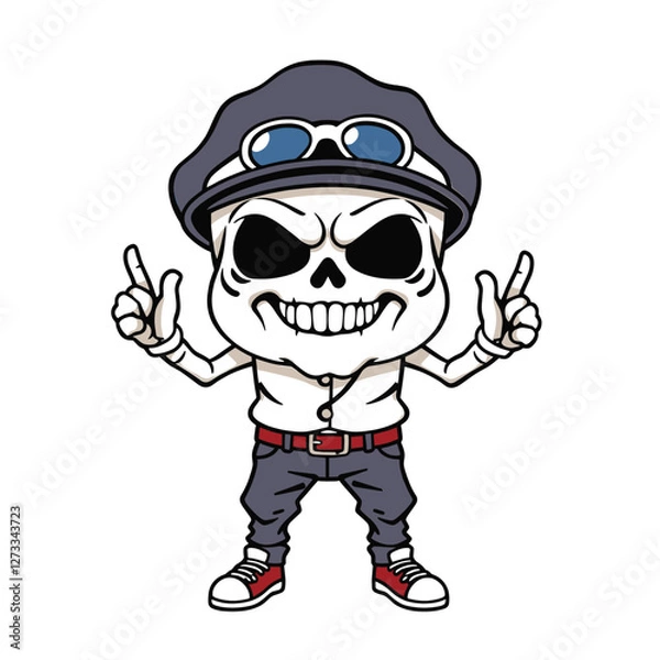 Fototapeta a skull emoji wearing a hat, sunglasses, and a red belt, with both hands raised in a peace sign gesture.