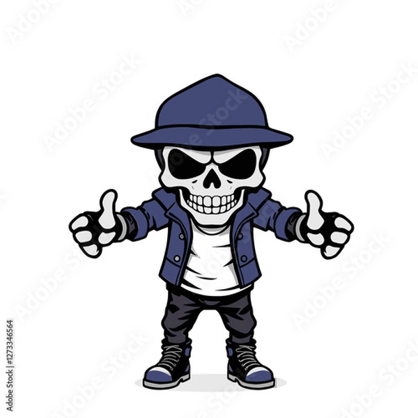 Fototapeta a skull emoji wearing a blue hat and jacket, with arms outstretched and giving a thumbs-up gesture.