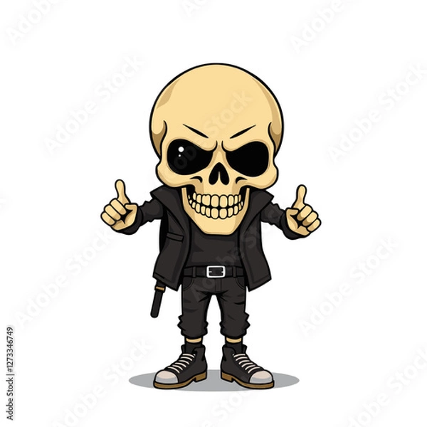 Fototapeta a skull emoji wearing a leather jacket, giving a thumbs up gesture, and standing upright with its feet positioned shoulder-width apart.