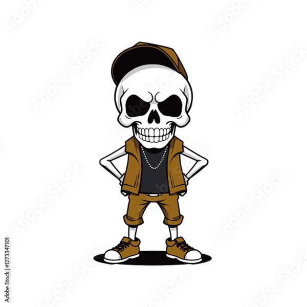 Fototapeta a skull emoji dressed in a brown jacket, a baseball cap, and sneakers.