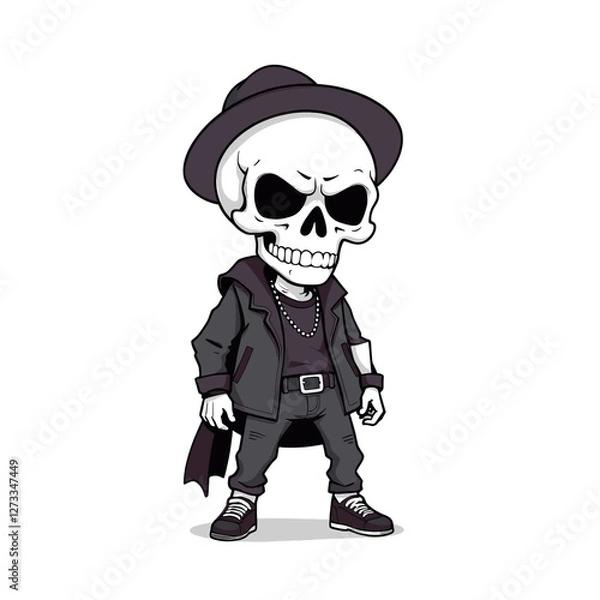 Fototapeta a skull emoji wearing a hat, jacket, and shoes, with a menacing expression on its face.