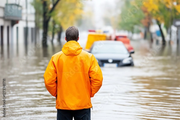 Fototapeta A man in an orange jacket observing a flooded street as emergency vehicles pass by. The reflective water surface and autumn colors emphasize the severity of the natural disaster.