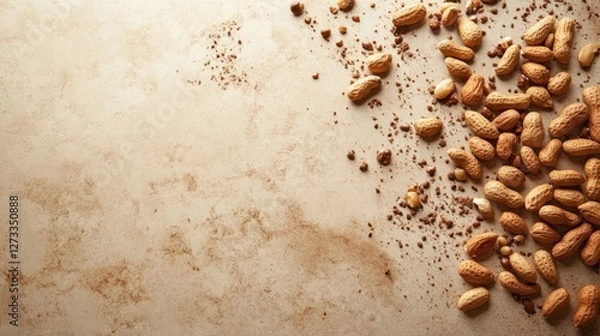 Obraz Roasted peanuts and chocolate crumbs scattered on a beige background.