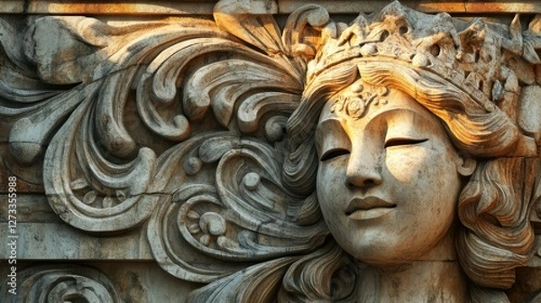 Fototapeta Stone carving of historical figure, detailed patterns and vibrant textures, ancient cultural artistry in warm sunlight